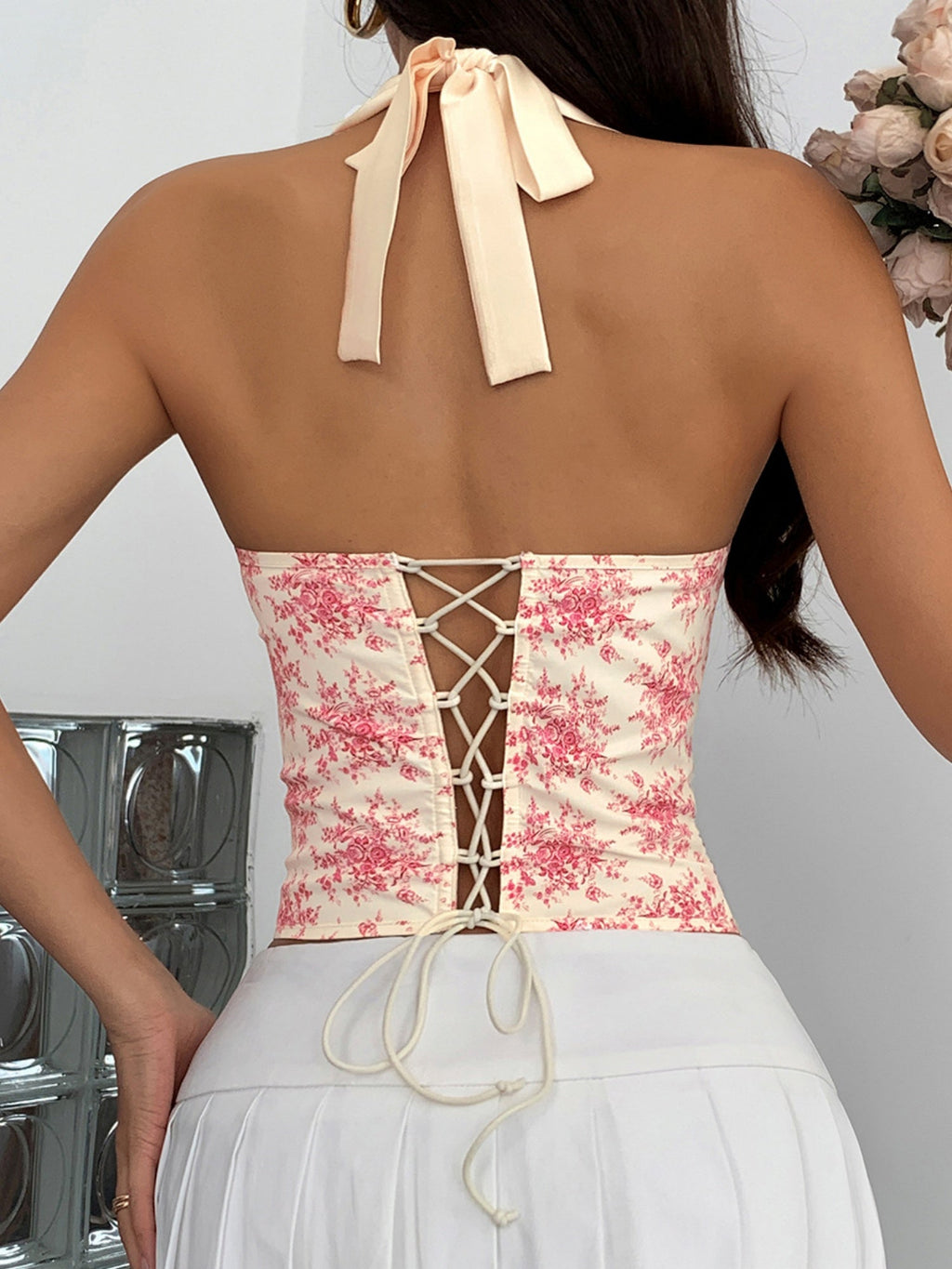 Wood Ear Printed Backless Neck Bra Fishbone Vest