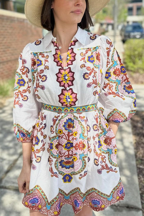 Lantern Sleeves Button Up Waisted Bohemia Print Mini Dress