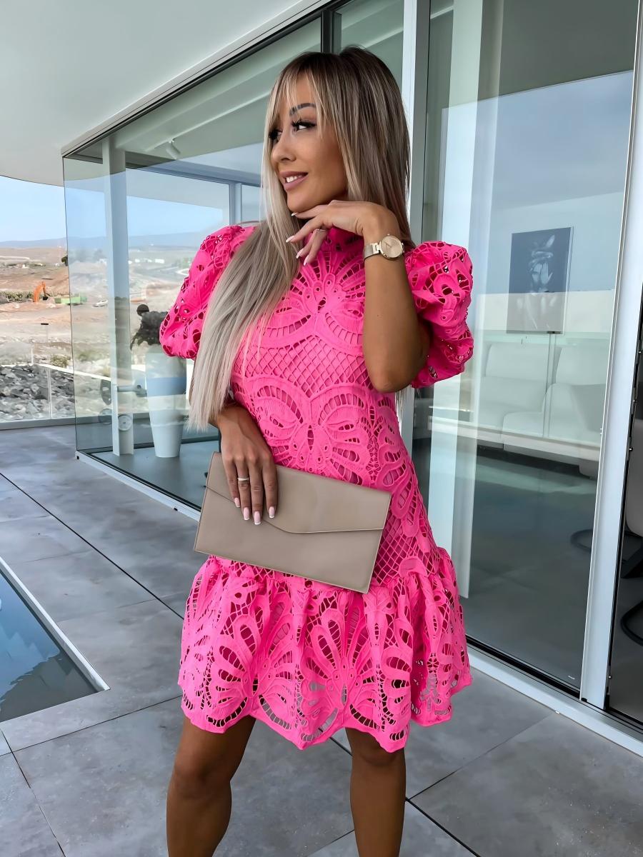 Solid Color Hollowed-out Water-soluble Lace Trim Elegant Mini&Short Dresses