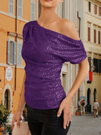 Off-shoulder Sequin Solid Color T-shirts