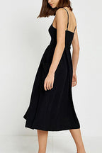 Vertical Stripe Spaghetti Strap Button Down Pocket Front Slit Midi Dress