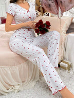 Heart-print Bow V-neck Short-sleeved Trousers Set That Can Be Worn As Loungewear