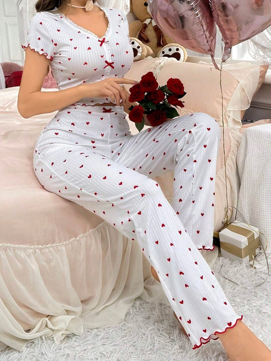 Heart-print Bow V-neck Short-sleeved Trousers Set That Can Be Worn As Loungewear