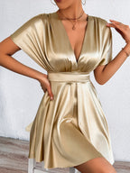 V-neck, Fitted Waist, Zippered, Glossy Short Dress