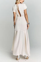 Crewneck Short Sleeves Back Cut Out Satin Maxi Dress