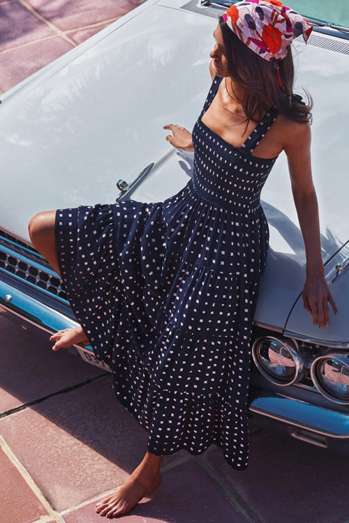 Floral Print Smocked Tie Shoulder Tiered Ruffle Maxi Dress