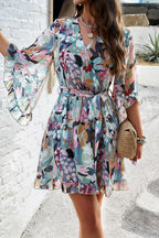 Floral Print Wrap V-Neck Three Quarter Sleeve Tie Waist Ruffle Hem Mini Dress