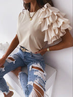 Ruffled Short-sleeved Crew Neck T-shirt
