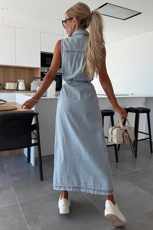 Denim Collar Button Down Belted Pocket Flap Sleeveless Maxi Shirt Dress