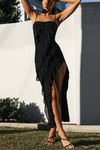 Spaghetti Strap Ruffle Trim Split Maxi Bodycon Dress