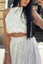 Elastic Waist Lace Hollow Out Pocketed Maxi Skirt