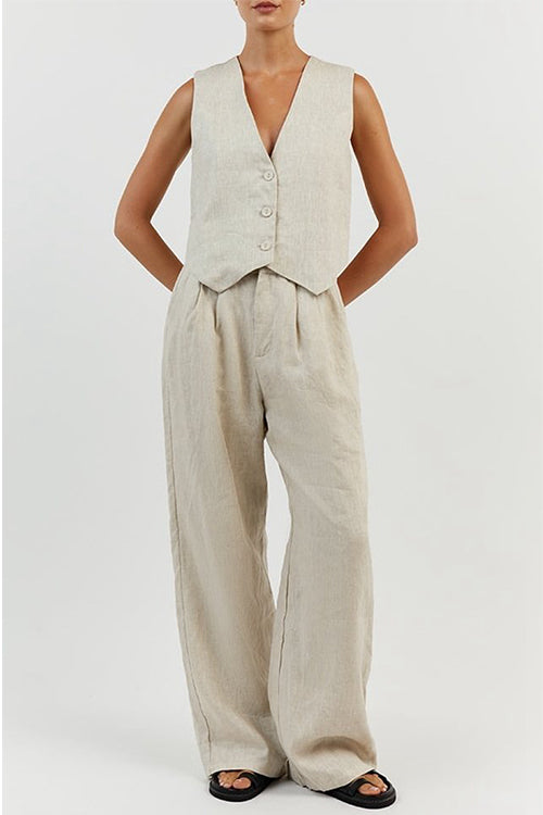 V Neck Button Down Blazer Vest and Wide Leg Pants Set
