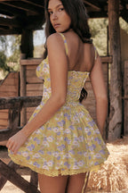 Lace Trim Corset Tie Front Bustier Gathered Skirt Mini Dress