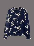 Floral Embroidery Color Block V-Neck Long-Sleeve Shirt