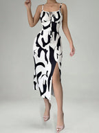 Zebra Print Sexy Vacation-style Slip Dress With Slit Midi Dress