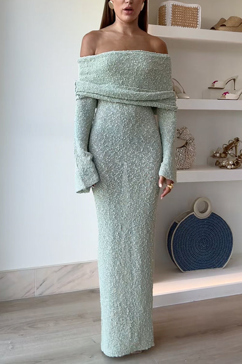 Off Shoulder Long Sleeves Bodycon Knit Maxi Dress