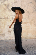 V-neck Ruffle Slit Maxi Dresses