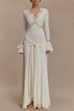 Lace Trim Deep V-Neck Criss Cross Bodice Ruffle Cuff Draped Panel Maxi Gown