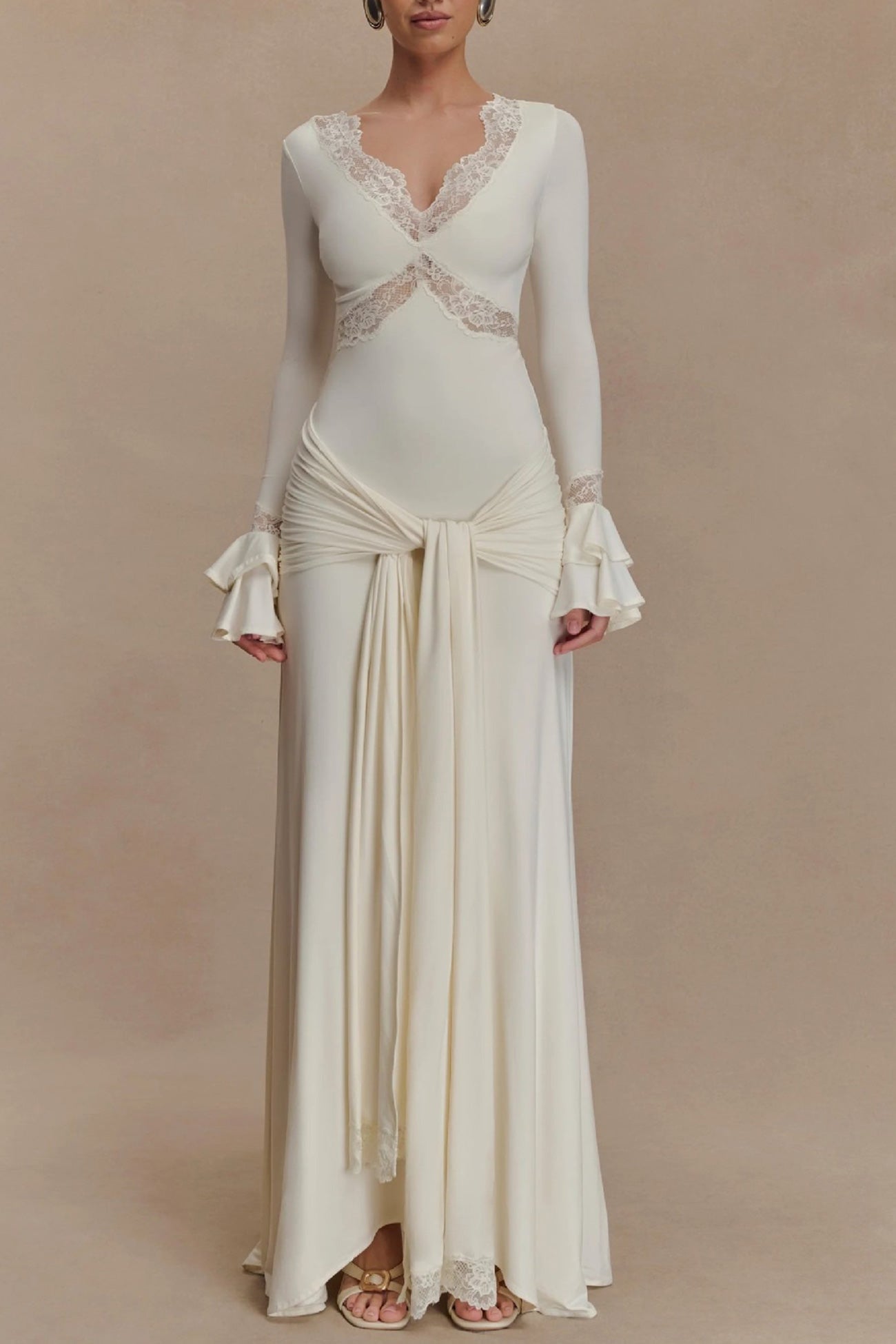 Lace Trim Deep V-Neck Criss Cross Bodice Ruffle Cuff Draped Panel Maxi Gown