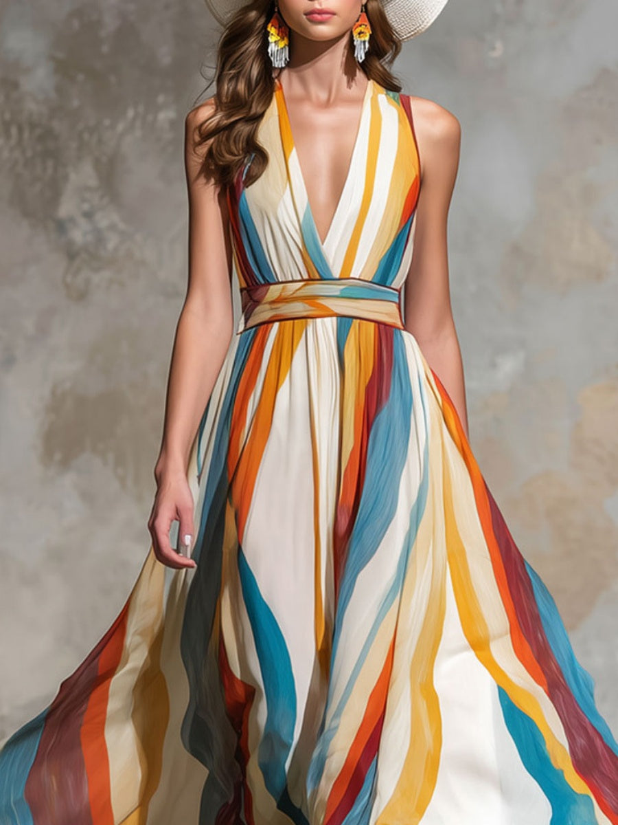 Stripes Wave Deep V Off-shoulder Vacation Maxi Dresses