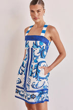 Ornamental Print Square Neck Wide Strap A-Line Mini Dress
