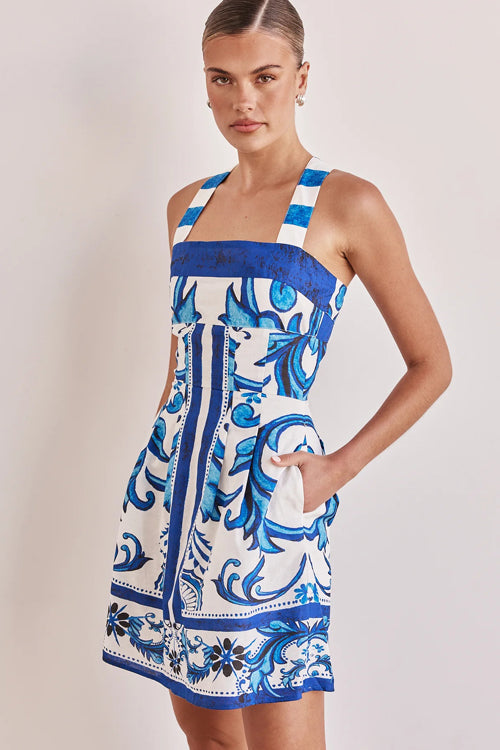 Ornamental Print Square Neck Wide Strap A-Line Mini Dress