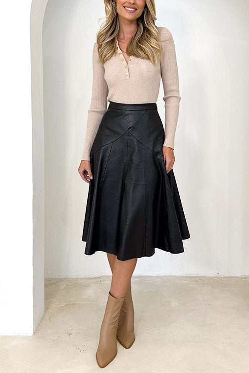 High Waist Faux Leather A-line Flare Midi Skirt