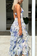 Cut Out Backless Frill Trim Slit Floral Print Maxi Cami Dress