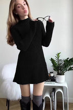 Long Sleeve Ribbed Knit Slit Cuff Bodycon Mini Dress