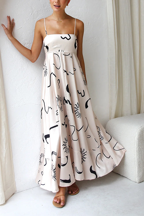 High Waist Graffiti Print Ruffle Swing Maxi Cami Dress