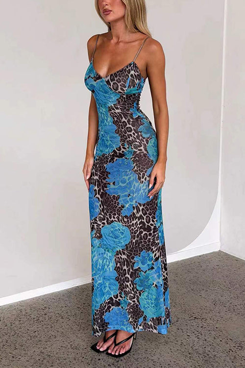 V Neck Color Block Leopard Print Maxi Cami Dress
