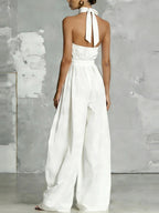 Waist-cinching Halter Neck Tie-up Pleated Jumpsuit