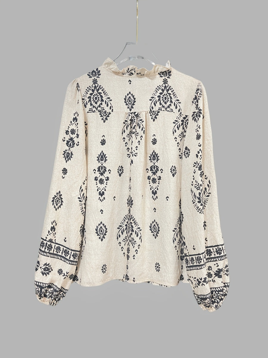 Geometric Print V-neck Long-sleeved Shirt