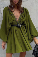 Crinkle Texture Deep V-Neck Puff Sleeve Babydoll Mini Dress