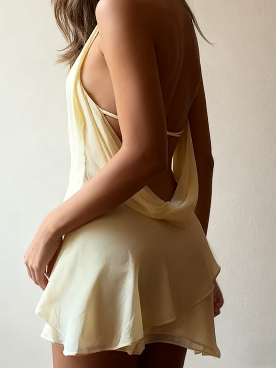 Deep V Swing Collar Chiffon Halter Reunion Mini&Short Dresses