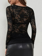 Lace-trimmed Long-sleeved Sheer Top