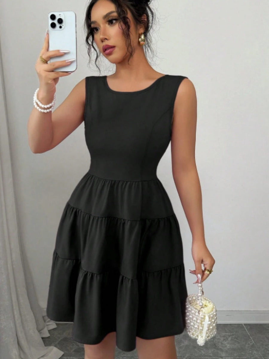 A-line Solid Color Backless Sleeveless Short Dress With A Cinched Waist And Bow