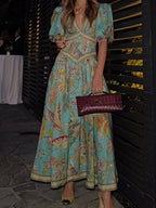 Printed Balloon Sleeve V-neck Temperament Waist Maxi Dresses