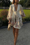 V Neck Lantern Sleeves Floral Print A-line Mini Dress