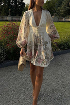 V Neck Lantern Sleeves Floral Print A-line Mini Dress