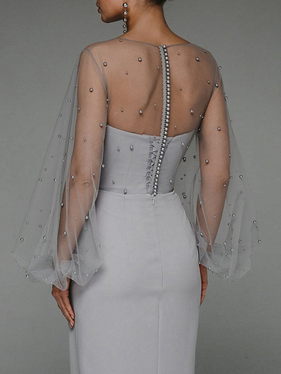 Pearl Mesh-paneled Sleeves Tube Top Maxi Dresses