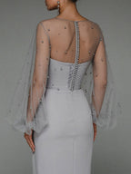 Pearl Mesh-paneled Sleeves Tube Top Maxi Dresses