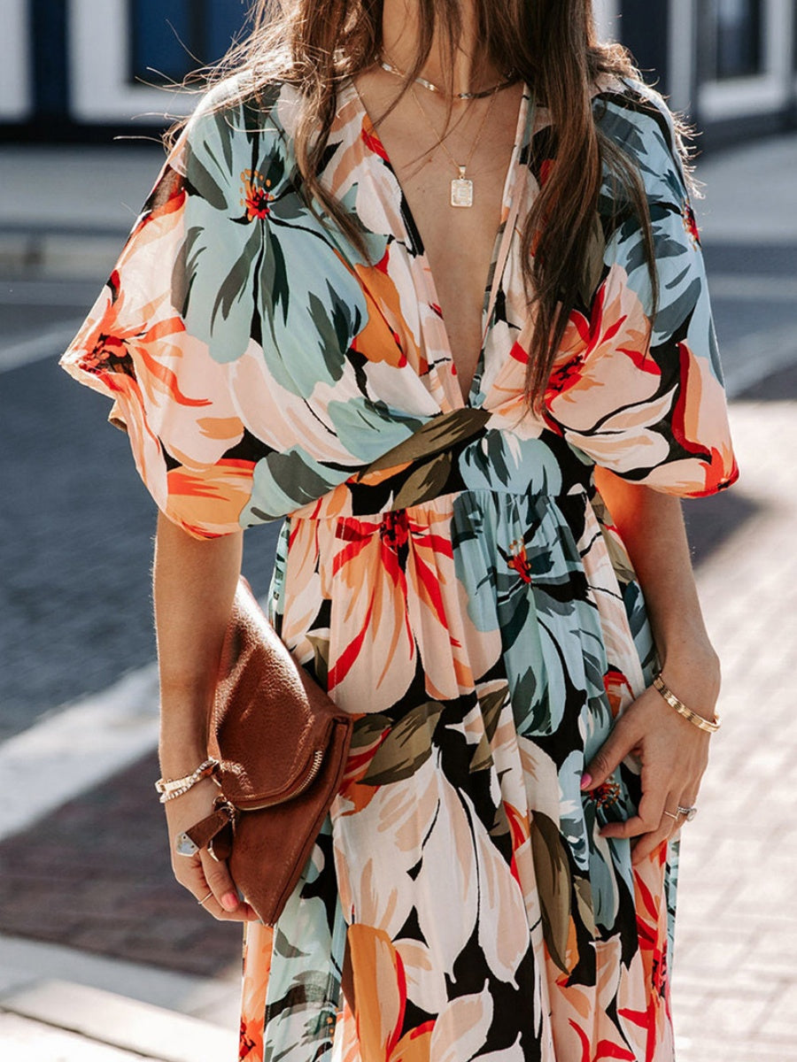 V-neck Short-sleeved Floral Print High-slit Long Dress