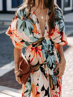 V-neck Short-sleeved Floral Print High-slit Long Dress