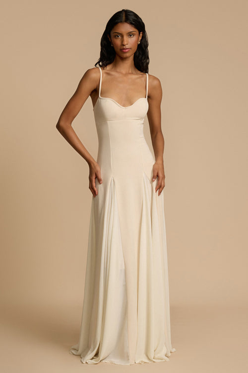 Spaghetti Strap Sweetheart Corset Bodice Pleated Godet Panel Maxi Dress