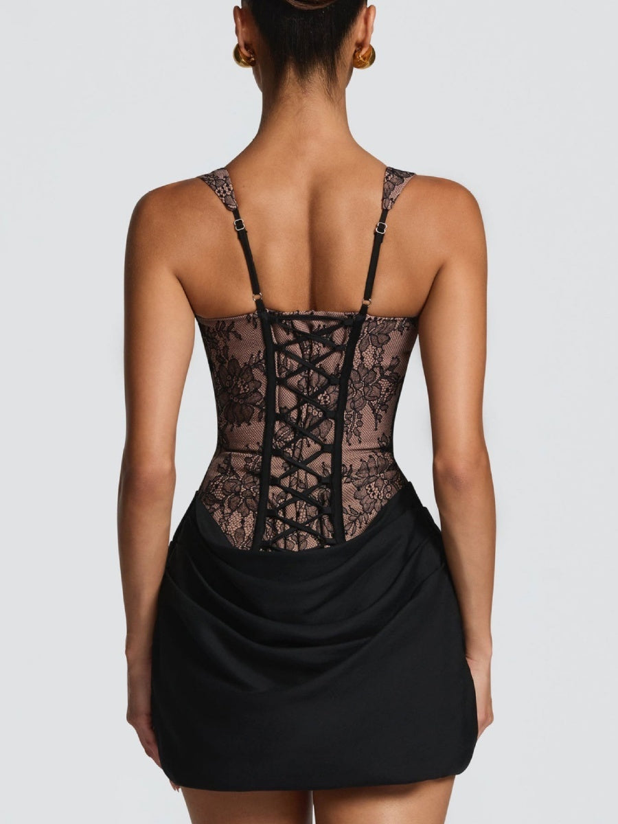 Lace Floral Gathering Waist Corset Formal Dress Mini&Short Dresses