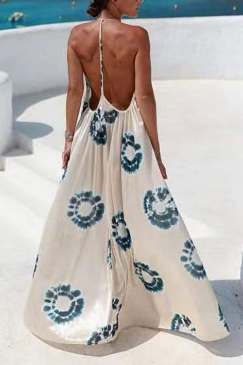 Halter V Neck Open Back Printed Swing Maxi Vacation Dress