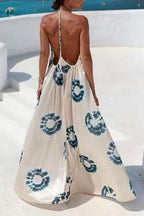 Halter V Neck Open Back Printed Swing Maxi Vacation Dress