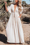 Plunging V-Neck Flutter Sleeve Tie Front Button Pocket Maxi Dress
