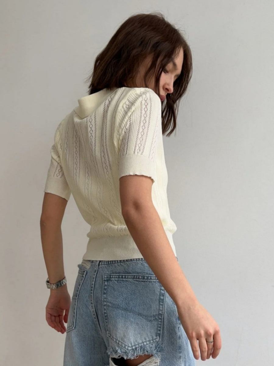 Hollow Crochet Lapel Short Sleeve Knitwear T-shirts